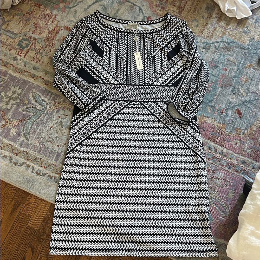 Max Studio Black and White Geometric Long Sleeve Dress